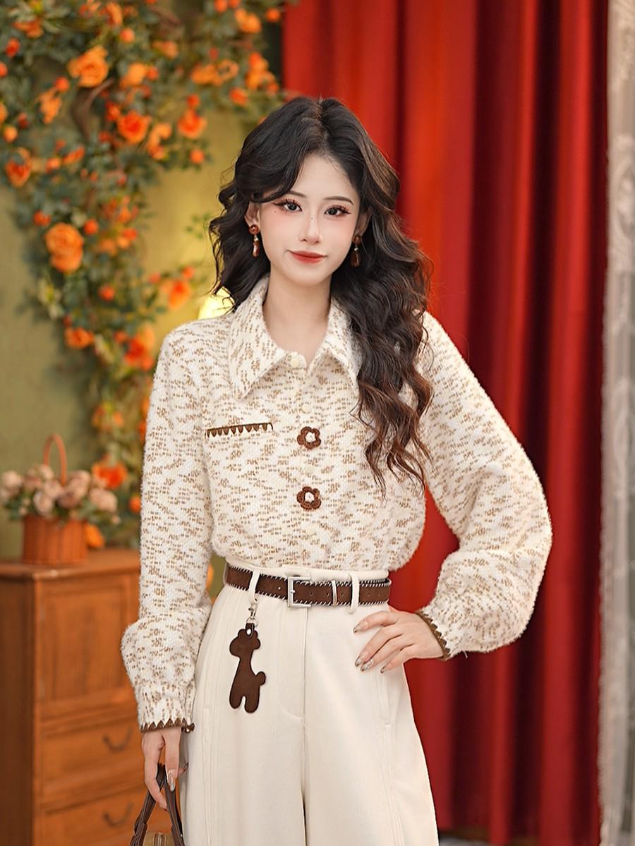 Zhang Jiayuan 2025 A/W Slim Fit Versatile Retro Knit Shirt #G14784 Medium абрикосовый