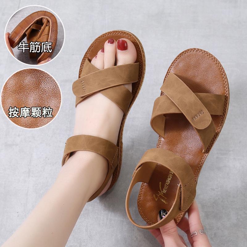 Beef Tendon Sole Sandals Flats 2025 Summer New Shoes Student Roman Shoes Beach Shoes Soft Sole One-word Women's Shoes
