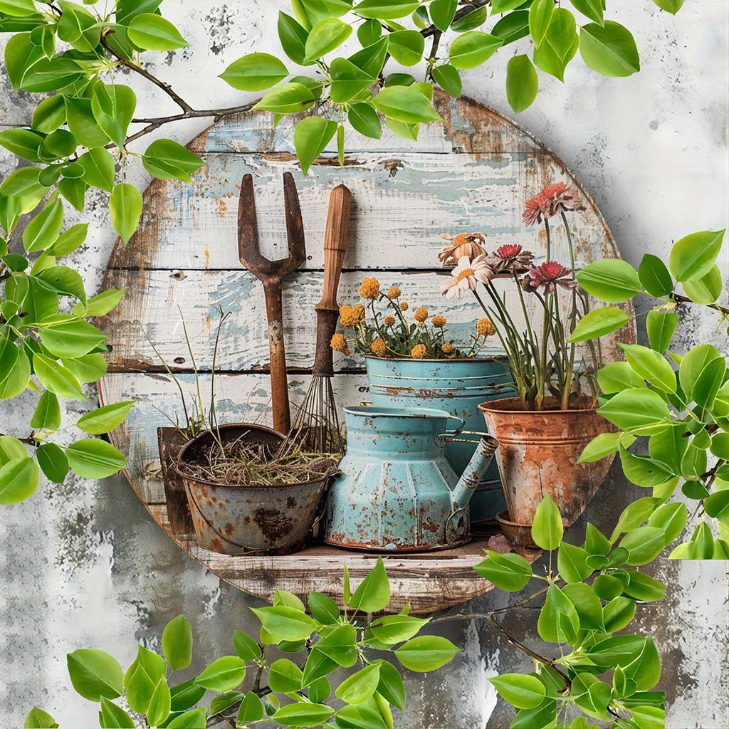 Wooden Disc Scrap Flower Pot Fork Sign 1 Piece 2D Wall Art Indoor/Outdoor Holiday Decoration Garden Room Decoration