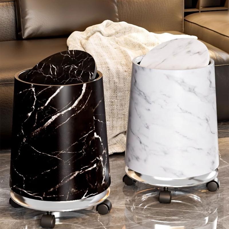 Modern Double Layer Marble Print Small Garbage Can Swing Lid for Bathroom Kitchen Office Bin Easy Cleaning Design