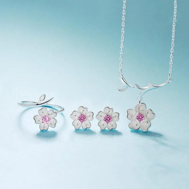 Silver Cherry Blossom Flower Cubic Zirconia Stone Jewelry Sets for Women Floral Necklace Bracelet Earring Ring Wedding Set