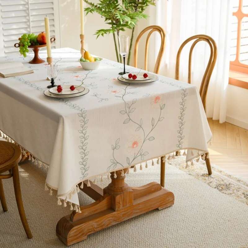 Nordic Cotton Linen Fabric Tablecloth Embroidered Dining Table Cloth Waterproof and Oil Proof Tea Table Cloth Rectangular Tassel