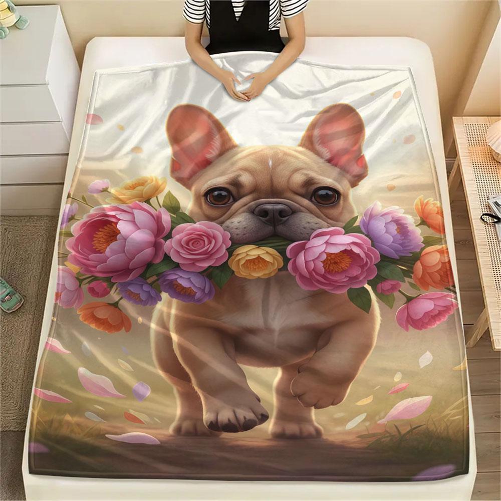 1Pc DogsandFlowers Print Flannel Blanket, High quality Comfortable for All Seasons, Home Decor, Warmth and Comfort, Perfect for Christmas Gifts