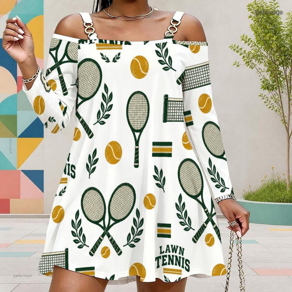 Women Plus Size Cold Shoulder Long Sleeve Surf Printed White Dress