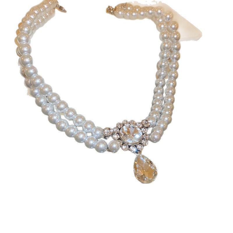 Colier dublu strat cu strasuri coreene, picătură de apă și perle: Lanț Claviculă Luxos