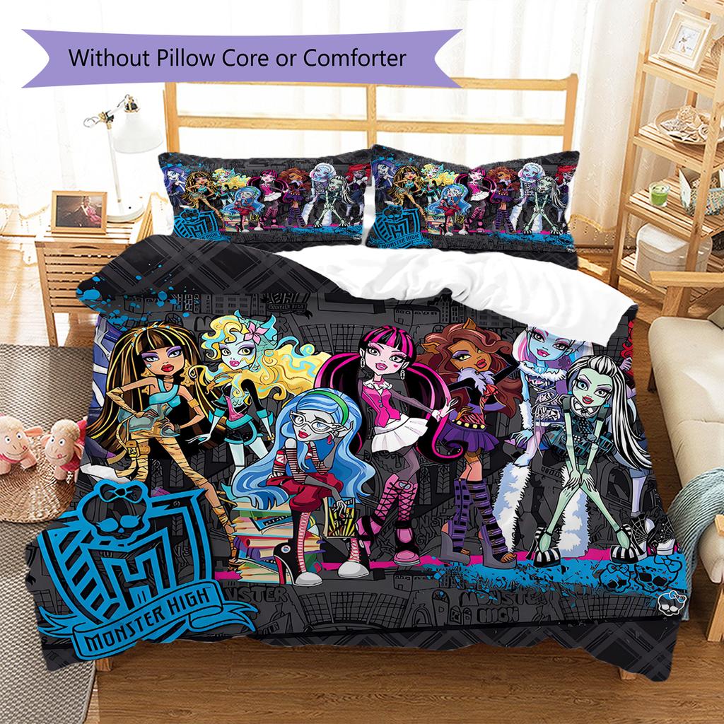 Ropa de cama con estampado Monster High Juego de colcha Funda de colcha Funda de almohada Decoración del hogar Regalo de cumpleaños (1 * funda nórdica + 2 * fundas de almohada, sin núcleo)
