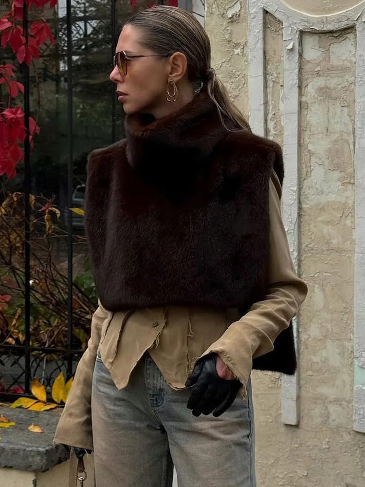 Autumn/Winter Mink Fur High Collar Sleeveless Vest Shawl