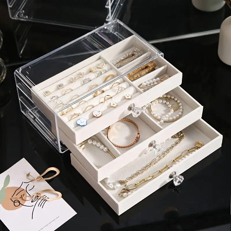 2025 Acrylic Velvet Jewelry Organizer with 3 Drawers for Earrings Necklaces Bracelets Storage- Stackable Display Case Box Holder