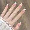 100% HANDMADE Coffin Shape Fake Nail Set With Glue Art Gentle French Milky White Nude Pink Color Contrast Pearl Line Hand-Painted Nails Reusable