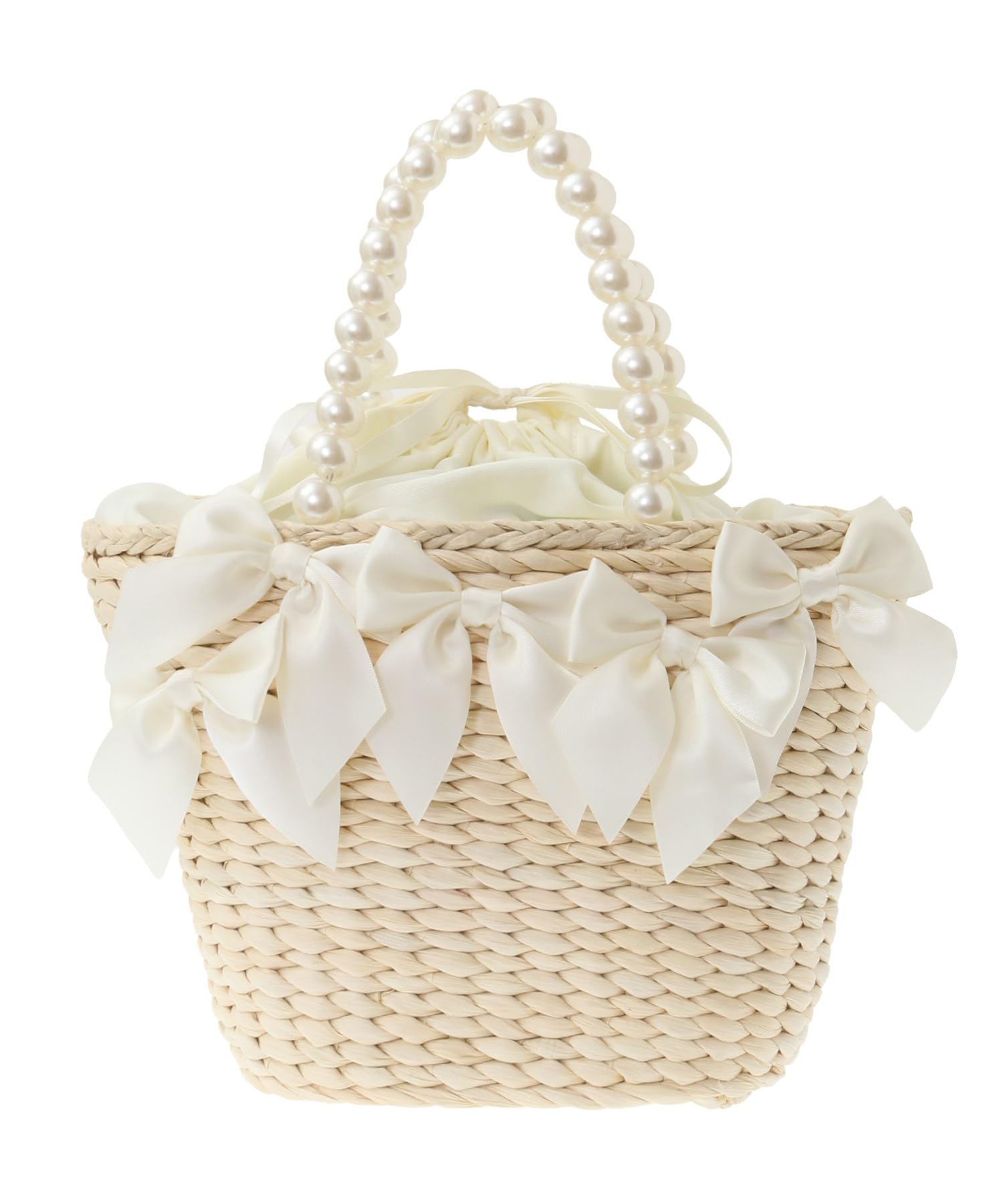 

de Handbag Pearl Handle Maze Ribbon Basket Bag for Ivory [Maison Fleur] Women, слонова кістка
