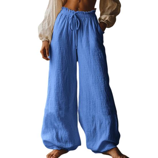 

Women Pants High Waist Wide Leg Loose Fit Drawstring Elastic Waist Bohemian Style Long Trousers with Pockets Casual Summer Trousers S синий