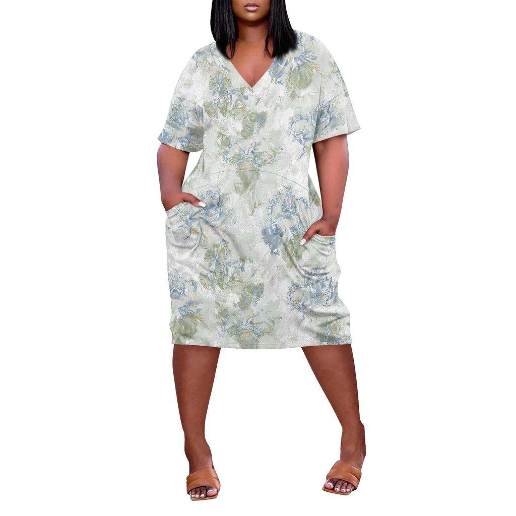 Letní nadměrné velikosti V výstřih krátký rukáv ke kolenům kapsa potisk ležérní šaty pro ženy