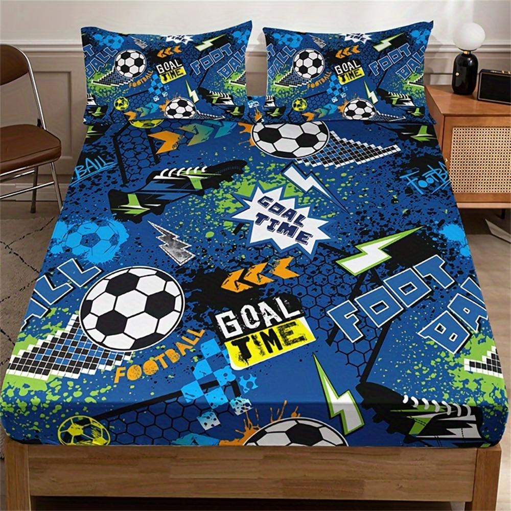 3pcs Fashion Cartoon Football Print Fitted Sheet Set Soft Comfortable Breathable Bedding Mattress Protector Set For Bedroom