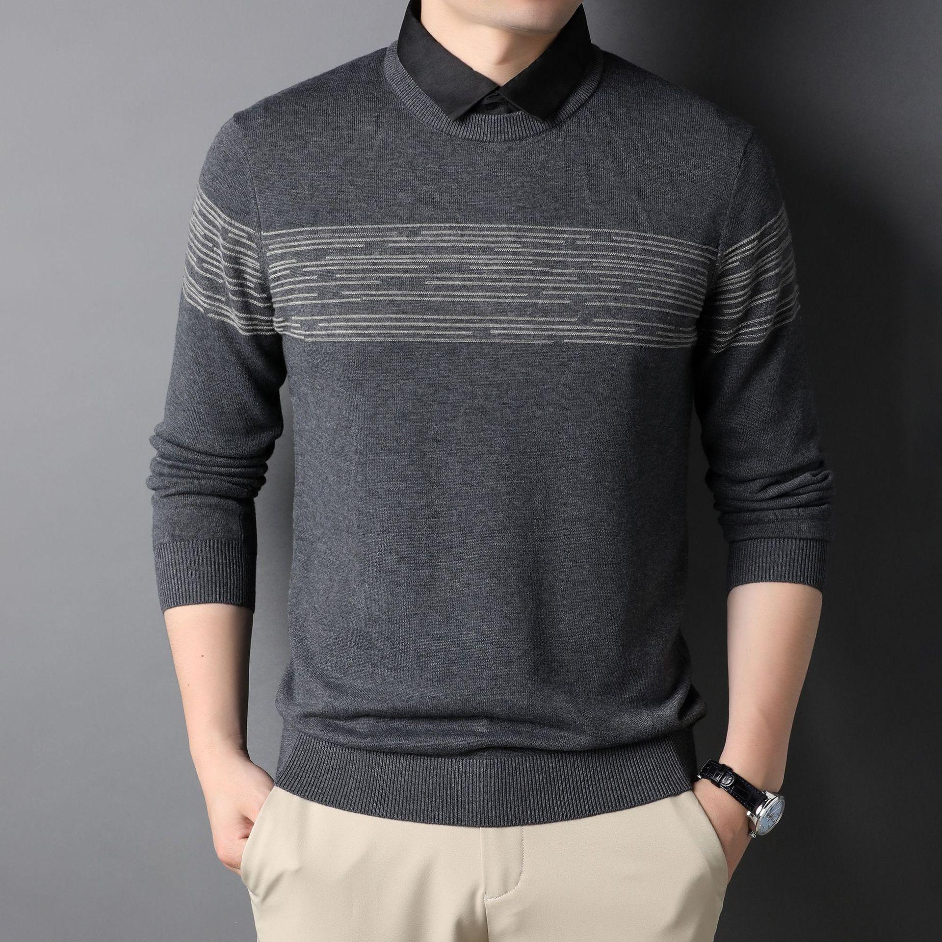 

Осенне-зимняя новая мужская футболка с длинными рукавами, пуловер, имитация двух частей, повседневная рубашка в корейском стиле, воротник, трикотажная рубашка с низом XXXL