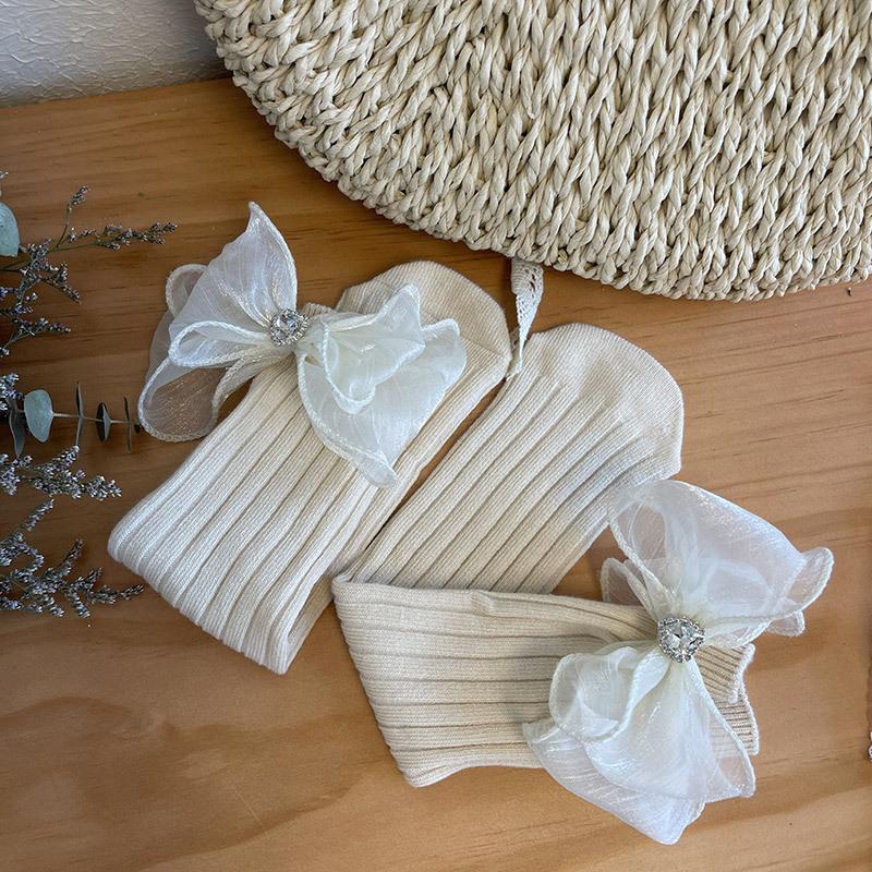Children's Socks Summer Lolita Wooden Ear Mesh Ribbon Large Bow Mid-tube Socks for Girls