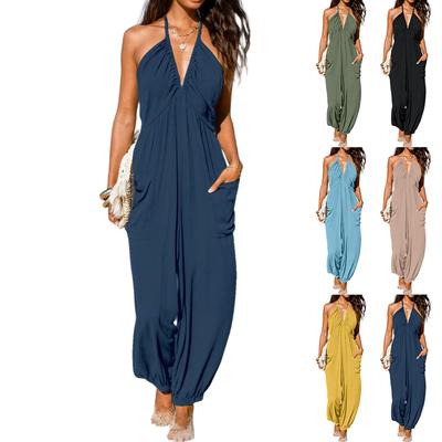 Ladies' Loose And Comfortable Solid Color Deep V Hanging Neck Sleeveless Pleated Pocket Wide Leg Long Jumpsuit