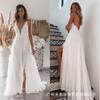 Damen Weiß Spaghettiträger V-Ausschnitt Schlitz Maxikleid Tüll Spitze Patchwork Fließend Hochzeits Braut Strand Abendkleid 2026 Frühling Kleid