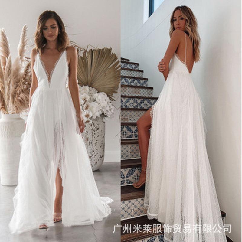 Damen Weiß Spaghettiträger V-Ausschnitt Schlitz Maxikleid Tüll Spitze Patchwork Fließend Hochzeits Braut Strand Abendkleid 2026 Frühling Kleid