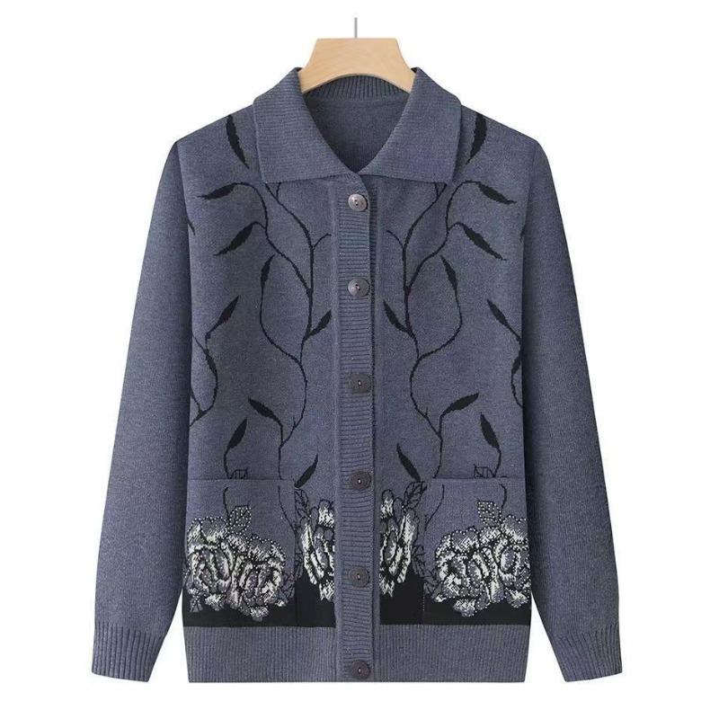 Middle-aged Elderly Cardigan Knitted Coat Grandma Old Lady Autumn Winter  Pocket Mother Sweater Lapel