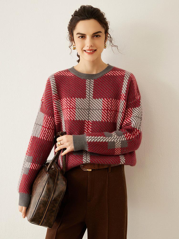 Women's Korean-Style Retro Plaid Knit Cashmere Sweater - Loose Fit, Thick Long Sleeve Pullover