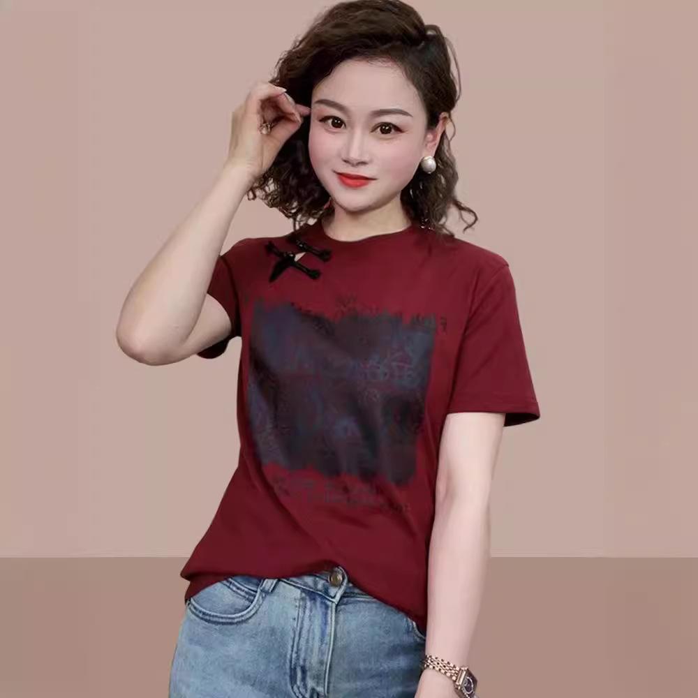 New Chinese style buckle national style pure cotton short-sleeved t-shirt women's 2025 new popular summer slim and thin short top