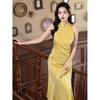 New Chinese style beautiful temperament sleeveless neck cheongsam yellow morning robe Xiniang engagement toast dress