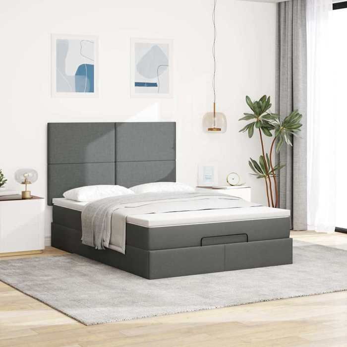 Cadre de lit avec matelas - Maison Exclusive - 140x190 cm - Tissu gris foncé - Rangement sous le lit