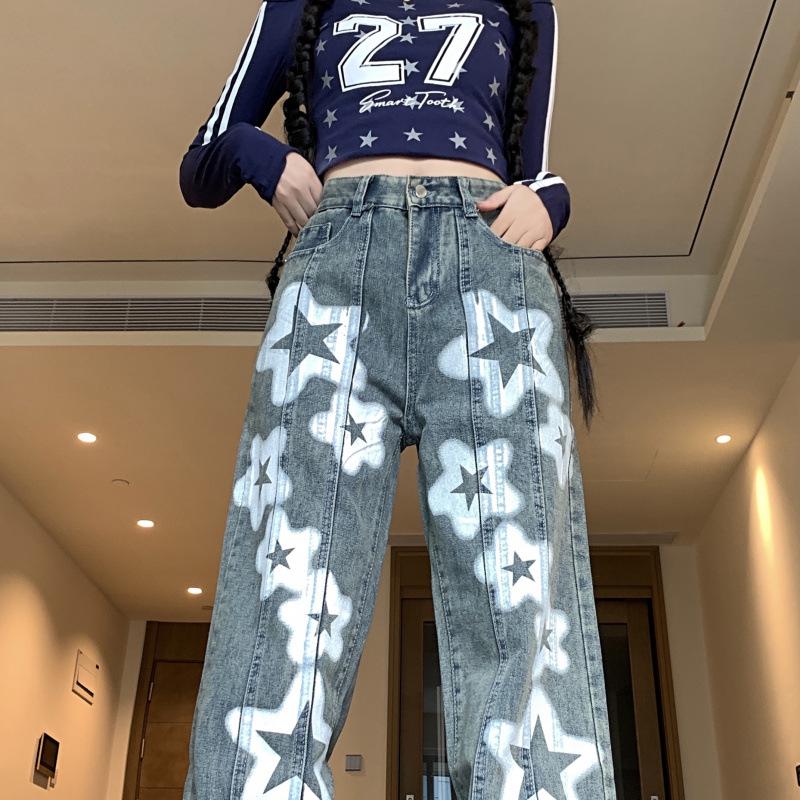 

Women s High Waist Light Jeans - Loose Fit, Irregular Design, Wide Leg, Slimming Effect S синий
