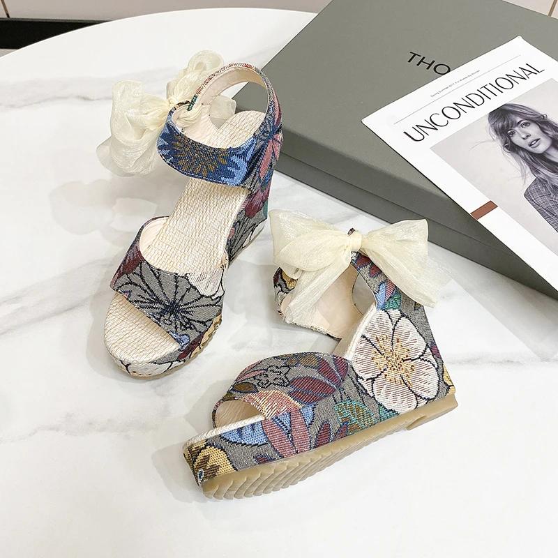 Sandals Women's Floral Print Mesh Bowknot Decor Wedge Strappy Open-toed Sandals Heels Platform Shoes Ankle-strap Dress Sandals