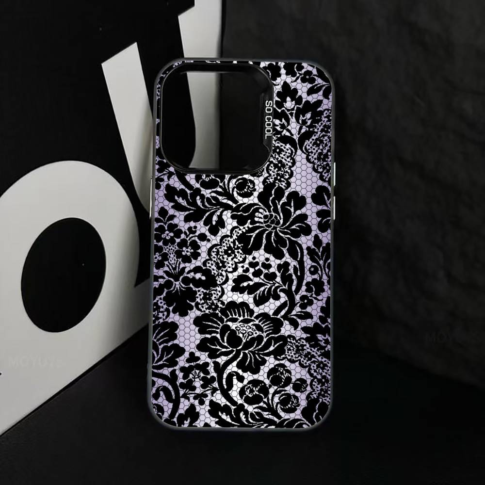 B-Black lace print Phone Case For iPhone 17,16,15,14,13,12,11 Plus,Pro Max,XS,Colorful Silver Black Cover