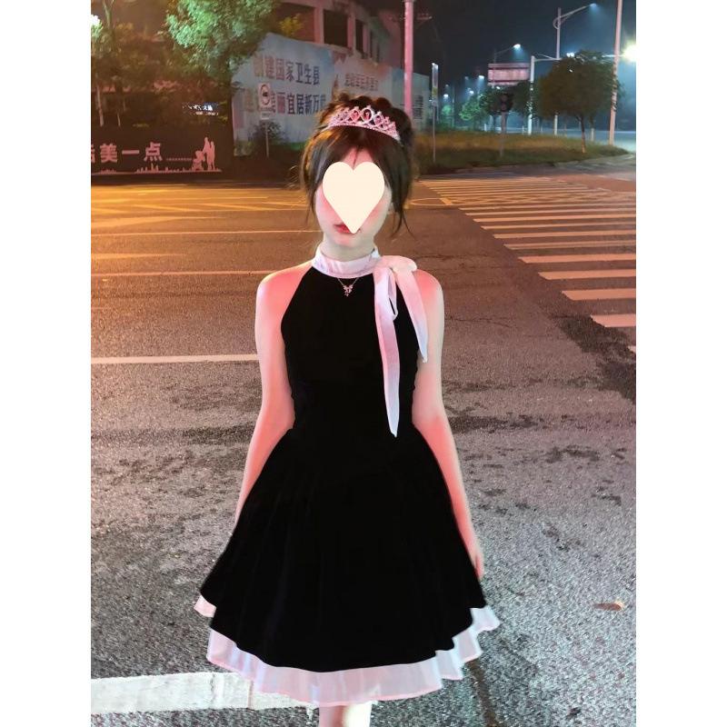Pure Desire Temperament High Waist and Thin Bow Sleeveless High-end Dress Small Black Short Skirt