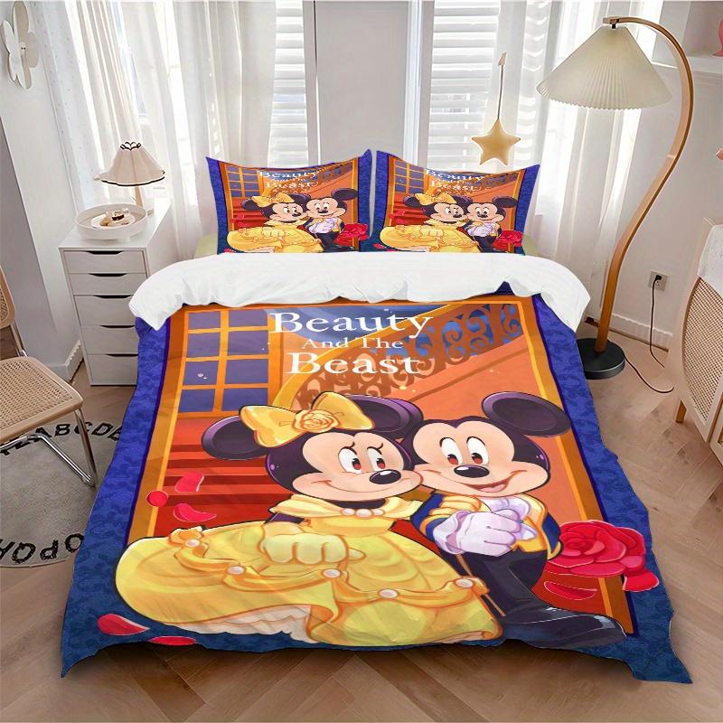 3pcs Beauty and the Beast Theme Mickey and Minnie Bedding Set Includes 1 Quilt Cover and 2 Pillowcases, Comfortable Bedding