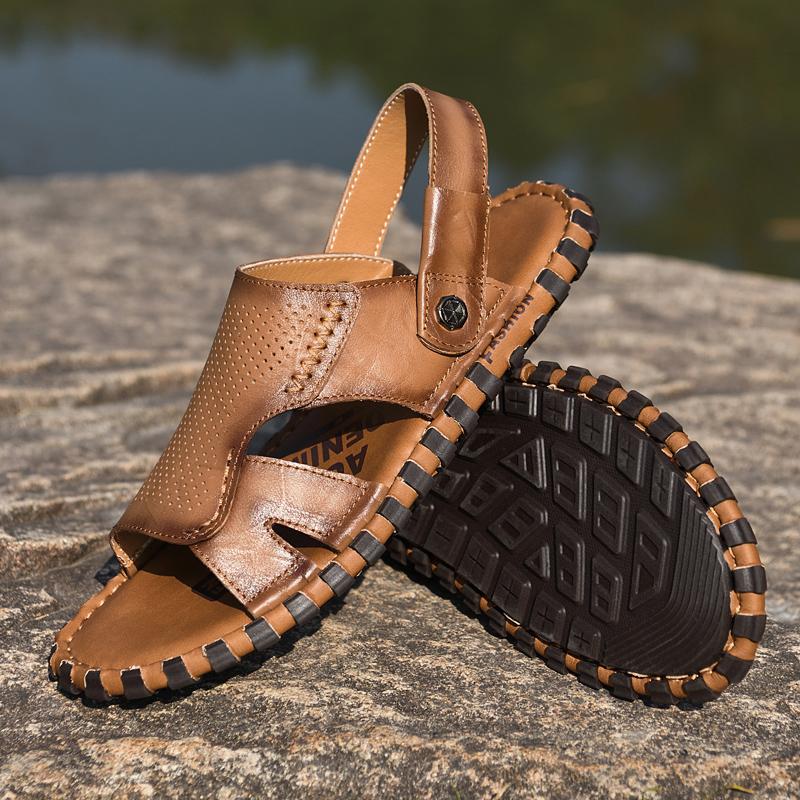 Fashion Open-toe Summer Men's Sandals Outdoor Male Leather Sandals Classic Roman Shoes Soft Dual-Purpose Slippers Beach Rubber Sandals