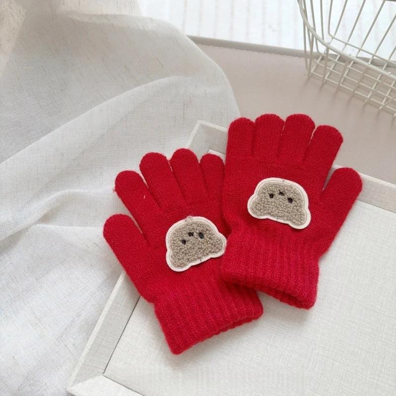 Dziecięce dzianinowe rękawiczki z misiem 3-7 lat Dziewczynki Chłopcy Uroczy Miś Miękkie Ciepłe Dzianina Pełne palce Ocieplacz na dłonie Dzieci Stylowe Ciepłe Rękawiczki