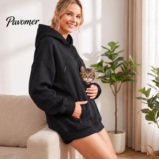 Warm Pet Pouch Clothing Women Hoodie with Head Hole, Oversized Hooded Sweatshirt Hole Zipper Pockets, Dog Cat Carrying Pullover Top for Fall
