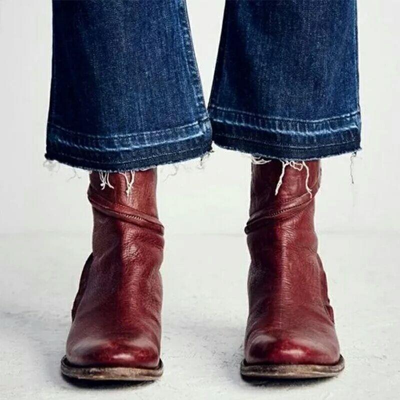 20 autumn and winter new square heel low heel Martin boots women wish large size -4 size medium tube zipper boots