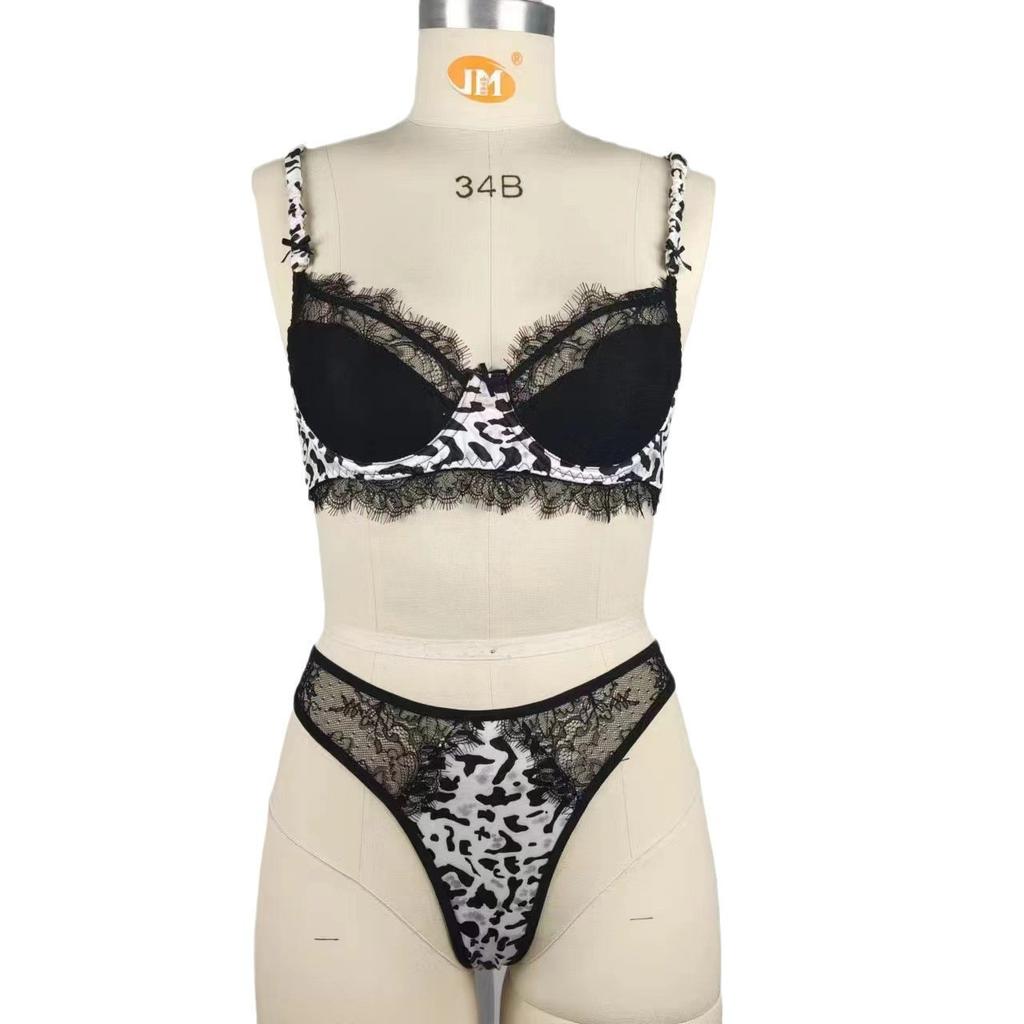 New thin pure lace splicing black and white leopard print perspective sexy lingerie women's two-piece set