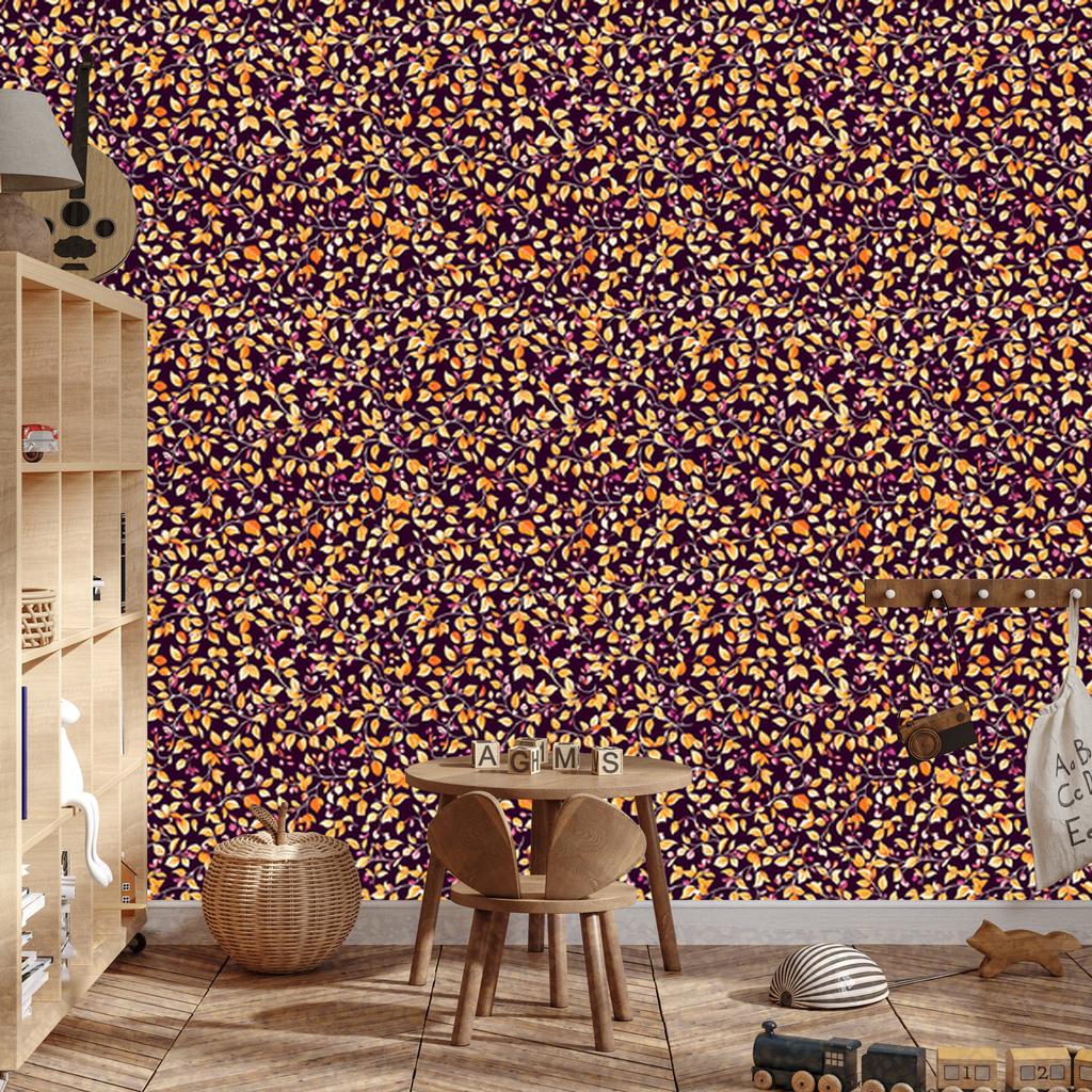 Intricate floral pattern wallpaper, burgundy and orange, 50x1000
