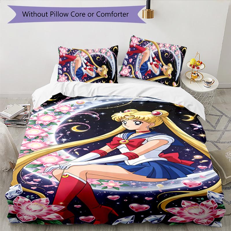 3-teiliges Sailor Moon Design Bettwäsche-Set - HD-bedruckte Bettwäsche mit 1 Bettbezug und 2 Kissenbezügen - Perfekt für die Heim- und Wohnheimdekoration