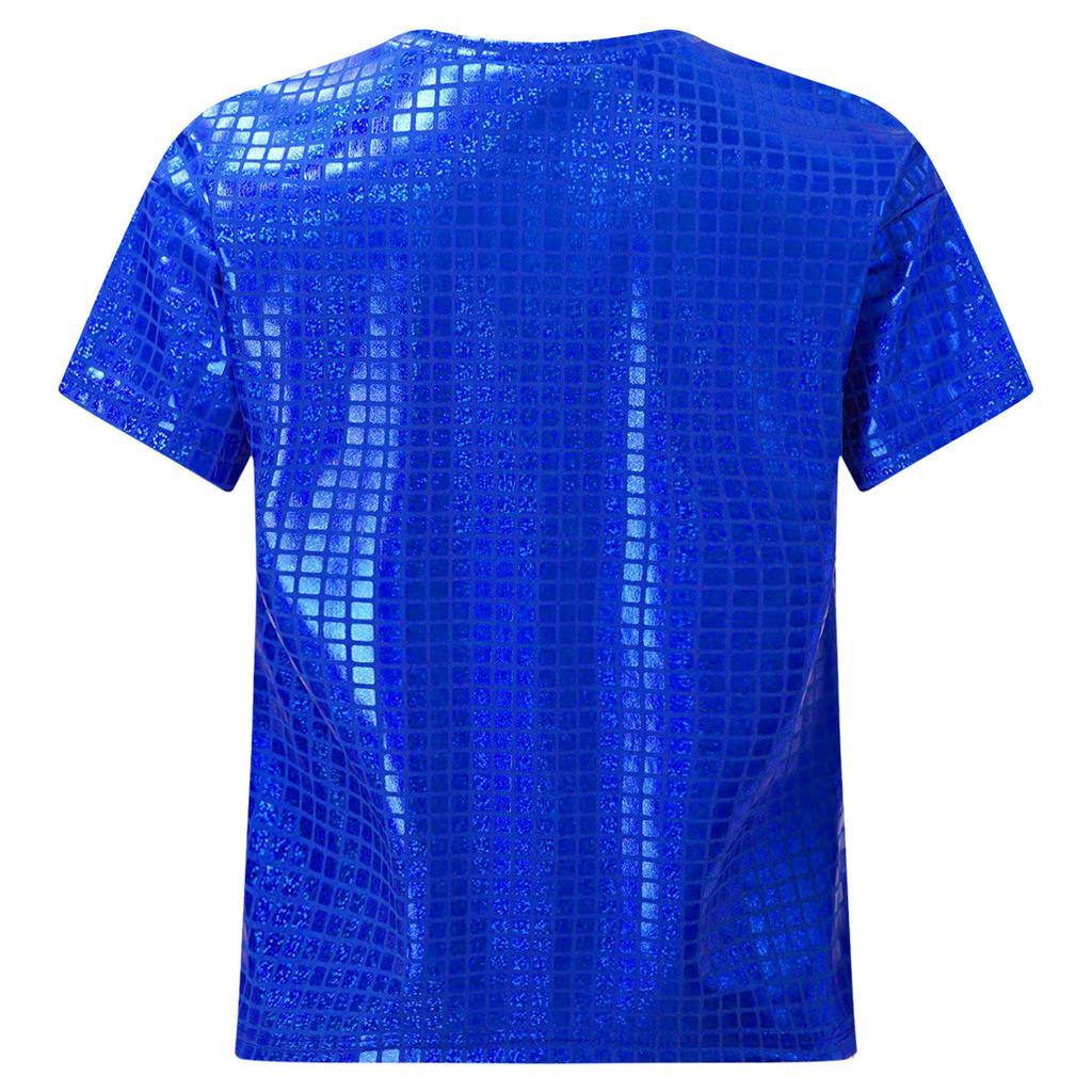 Unisex Kids Sparkly Plaid Sequins Top Round Neck Short Sleeve T-Shirt Dance Costume