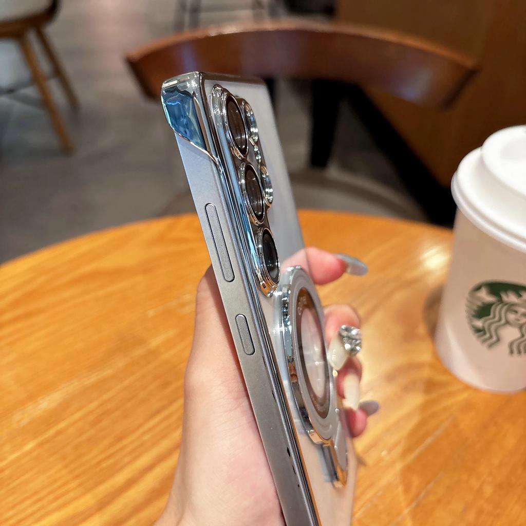 PC Frameless Magnetic Plating Stand Holder Clear Phone Case For Samsung Galaxy S25 Ultra S24 Plus S23 S22 Acrylic Back Cover