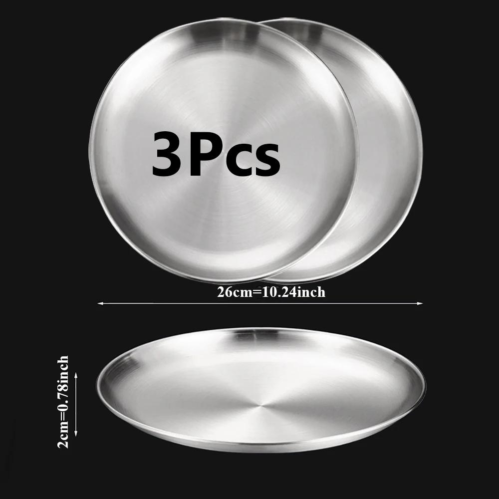3Pcs Stainless Steels Round Silver Shallow Tray Plate Rust-Proof 14/17/20/23/26/30cm Camping Plate BBQ Picnic Dishes Cookware
