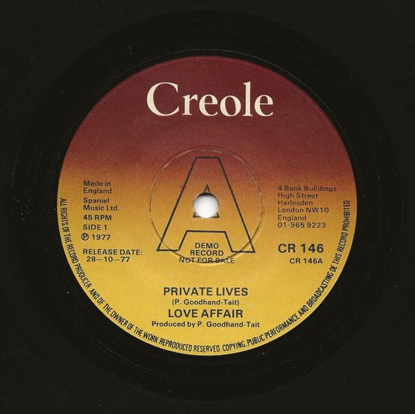 

Пластинка 7 дюймов LOVE AFFAIR Private Lives CR146PROMO Creole Records 1977 UK Поп Б/у