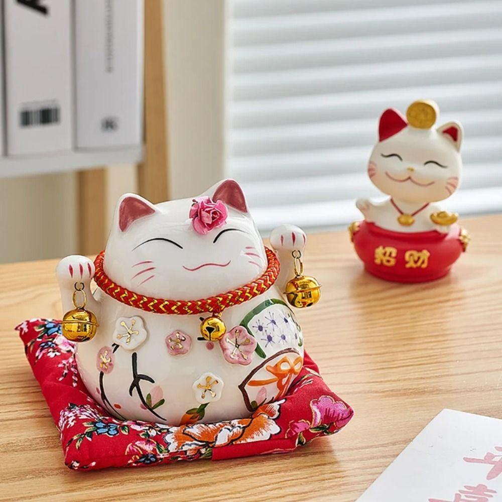 Ceramic Fortune Cat Piggy Bank Bell Kitten Statue Save Money Jar Cat Money Bank  Coin Storage
