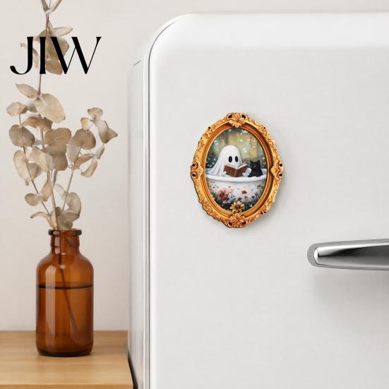 Cute Ghost Oil Painting Magnets Vintage Halloween Fridge Magnet, Retro Gold Frame Refrigerator Decoration Decorative Magnetic Photo Frames with Strong