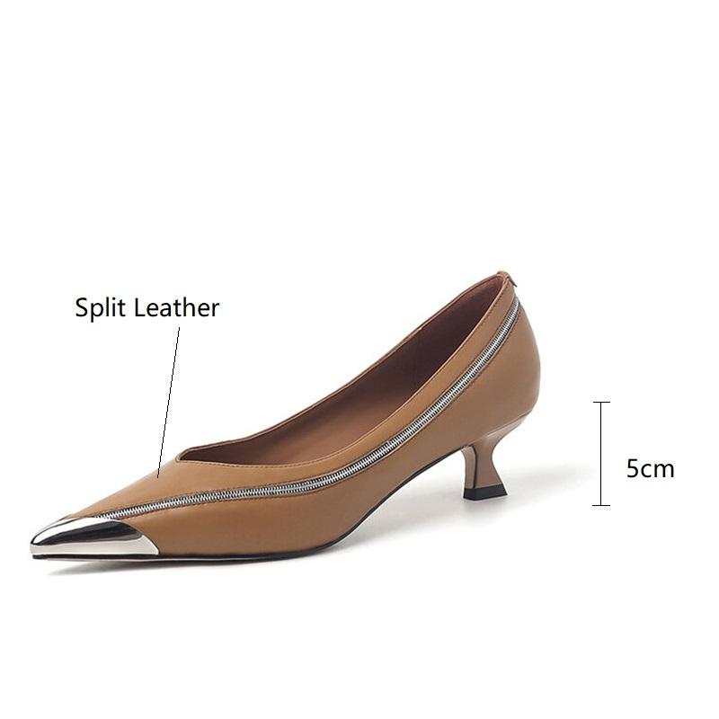 Fashion 2024 New Spring Summer Split Leather Women Shoes Metal Pointed Toe High Heel Women Pumps Shallow Loafers for Women Ladies Shoes