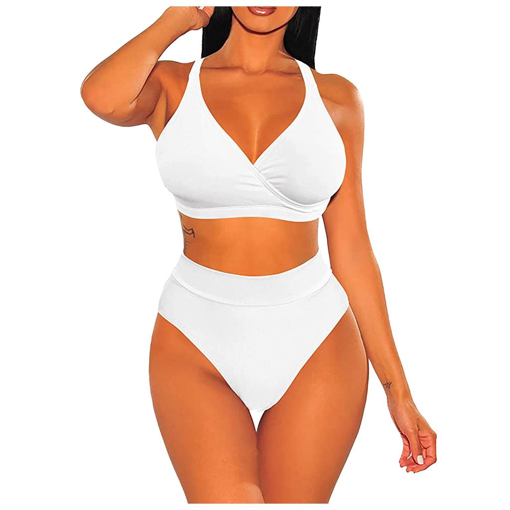 Women Two Piece Bikini Swimsuit High Waist Bottoms Adjustable Tie Straps V Neck Top Beachwear Swimwear Set