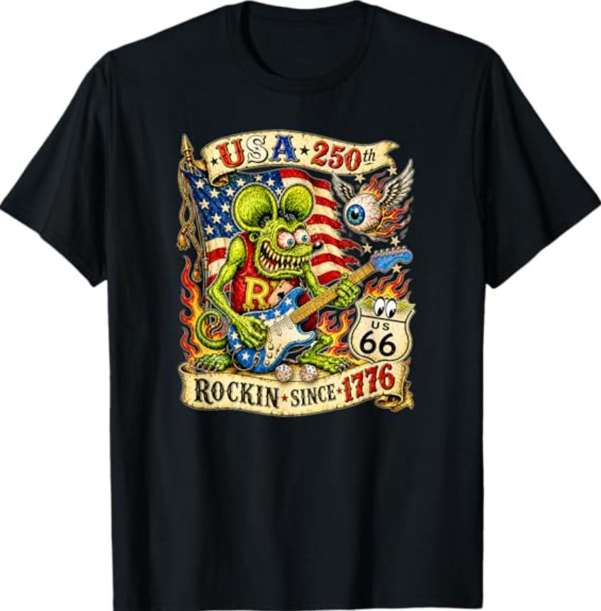USA 250th Rat Fink US Highway 66 Guitar Flag Dice Ace Retro T-Shirt S