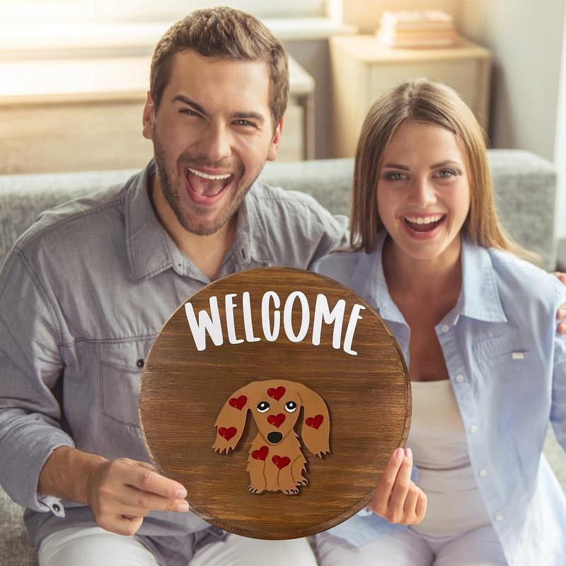Dachshund Seasonal Welcome Sign For Front Door Rustic Round Wood Wreaths Sausage Dog Wall Hanging Home Decor Easy Install