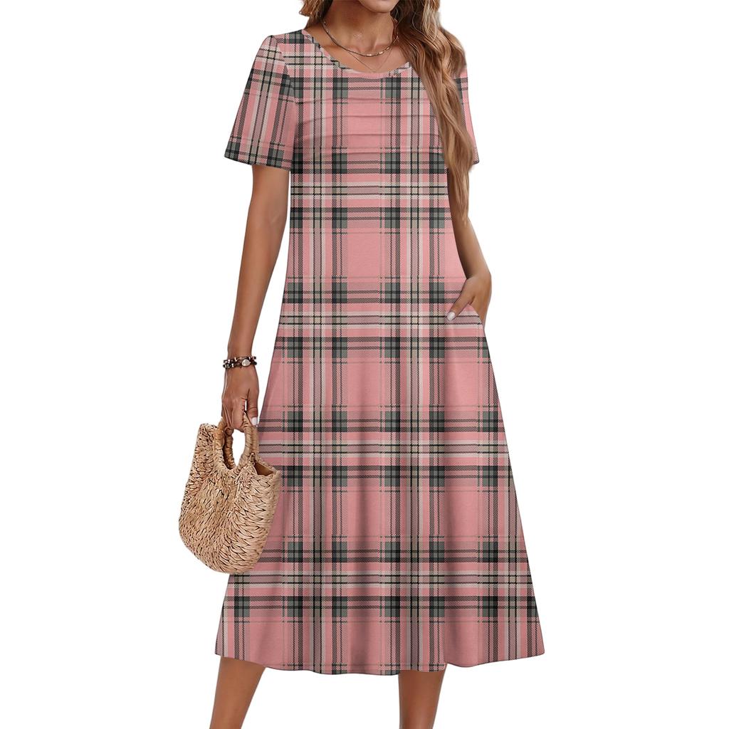 Ladies' Plaid Printed Casual And Fashionable Short Sleeved Round Neck Dress